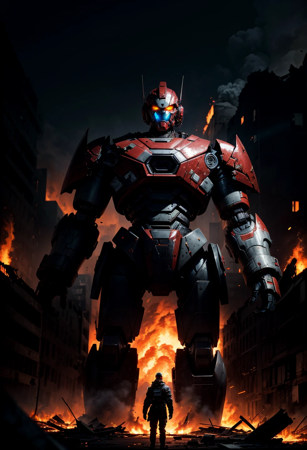 A giant robot in the middle of a ruined city, flaming buildings, disaster, ((lazer gaze)), ((frontal view, facing viewer, looking at viewer)), intricate, absurdres, highest quality, extremely detailed, immaculate, epic, masterpiece, RAW photograph, <lora:add_detail:0.9>