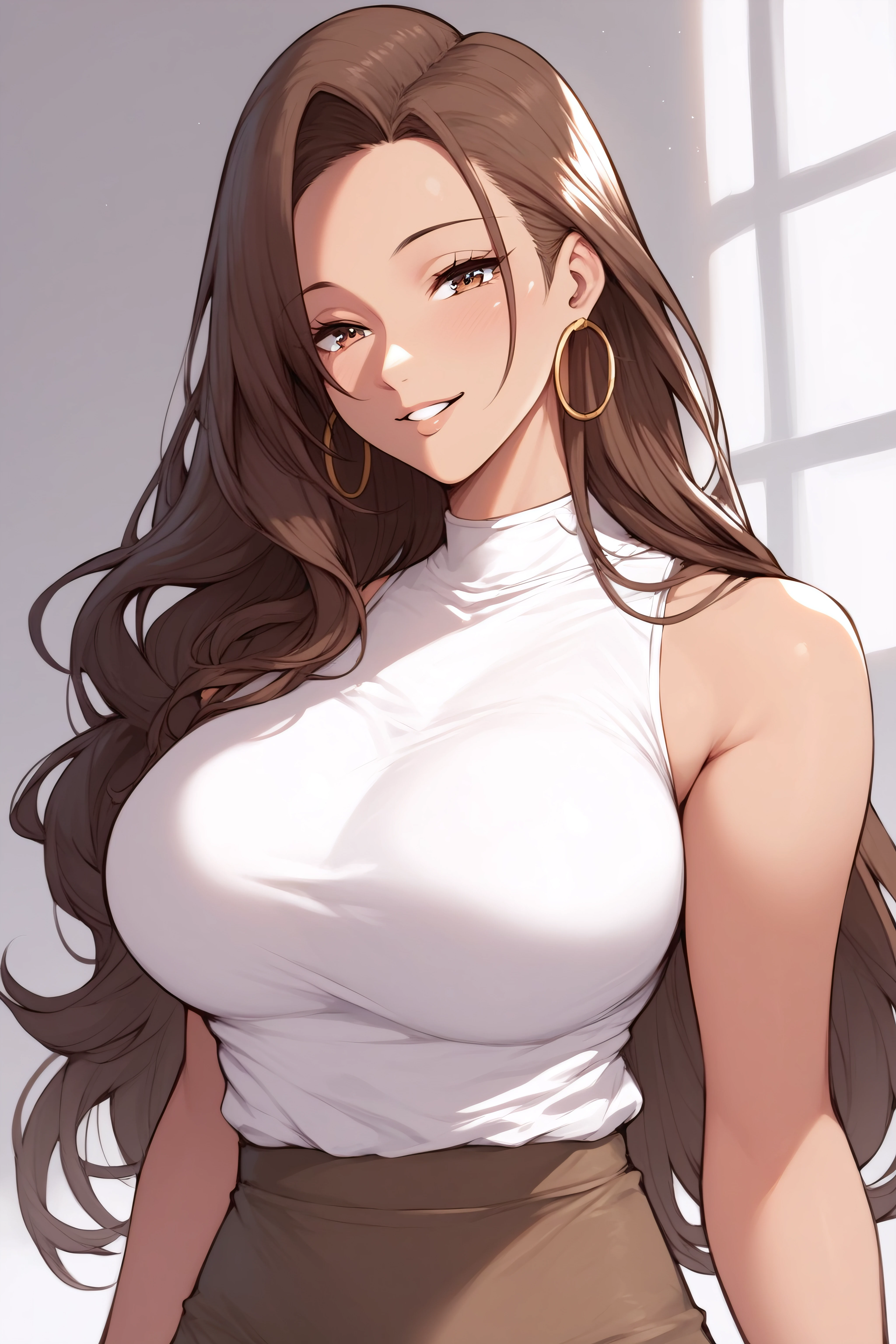 Fraction_9, Fraction_8_up, Fraction_7_up, Dozens of laughs, Brown eyes, Brown hair, Long hair, Large Breasts, Hoop Earrings, White shirt, sleeveless, Brown Skirt,