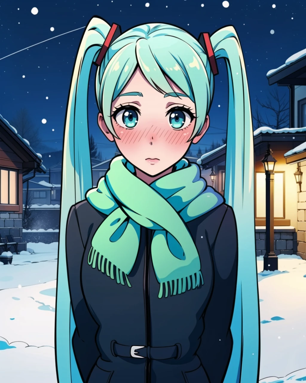 masterpiece, high quality, 1girl, blmasha, medium shot, detailed, upper body, blue eyes, blue hair, twintails, green scarf, black coat, red hairpins, hands behind back, blush, shy, outdoors, city, street, winter, snow, night, sky, stars, snowfall, <lora:blmasha-04:0.7>,  <lora:add_detail:0.5>