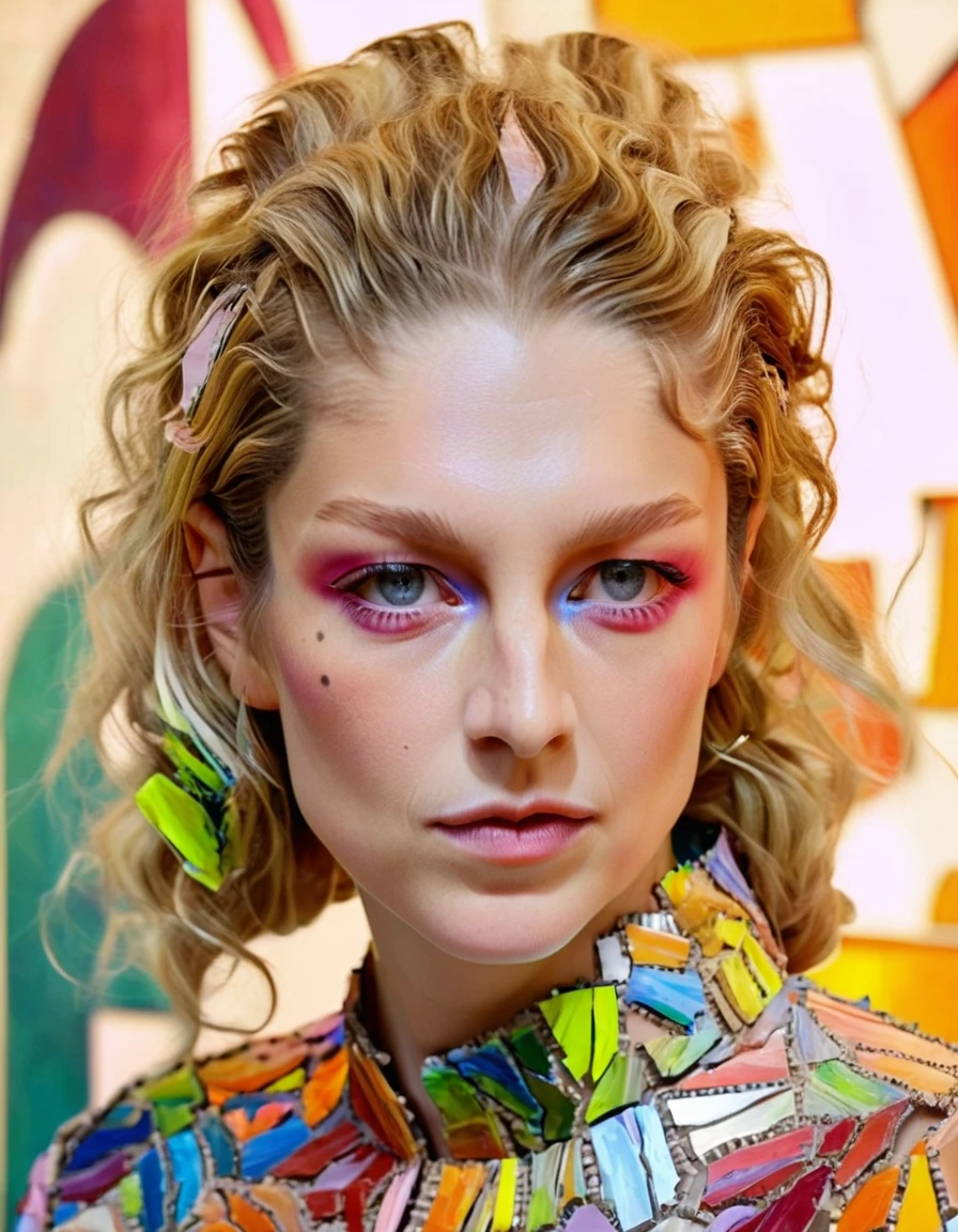 educational close-up photograph from a drone by mario testino recording a fit, adult, and french female; wearing a colorful period clothing with a mosaic pattern; featuring a blond wavy haircut with an upturned nose. shown waiting within a liminal [gym|missile silo|mirror] with fluorescent lighting. <lora:HunterXL4:1>