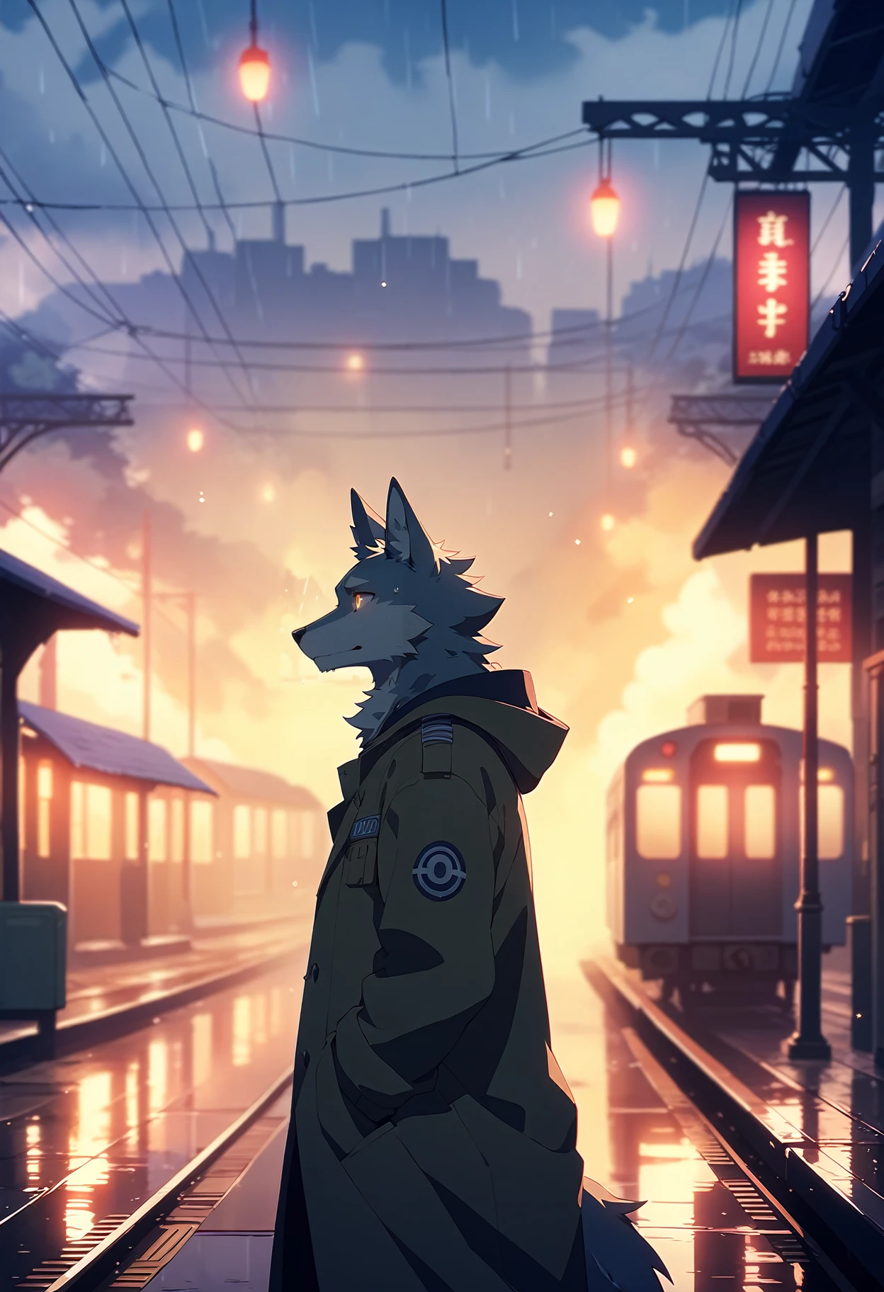 canid, wolf, flat color, by zixiong,
anthro, solo, male, baggy clothing, gentle, bright eyes,
waterdrop, grey sky, raining, fog,
outside, train station,
anime artwork, anime style, key visual,
vibrant, studio anime, highly detailed,
cinematic still, emotional, harmonious, vignette,
highly detailed, high budget, bokeh, cinemascope,
moody, epic, gorgeous, film grain, grainy