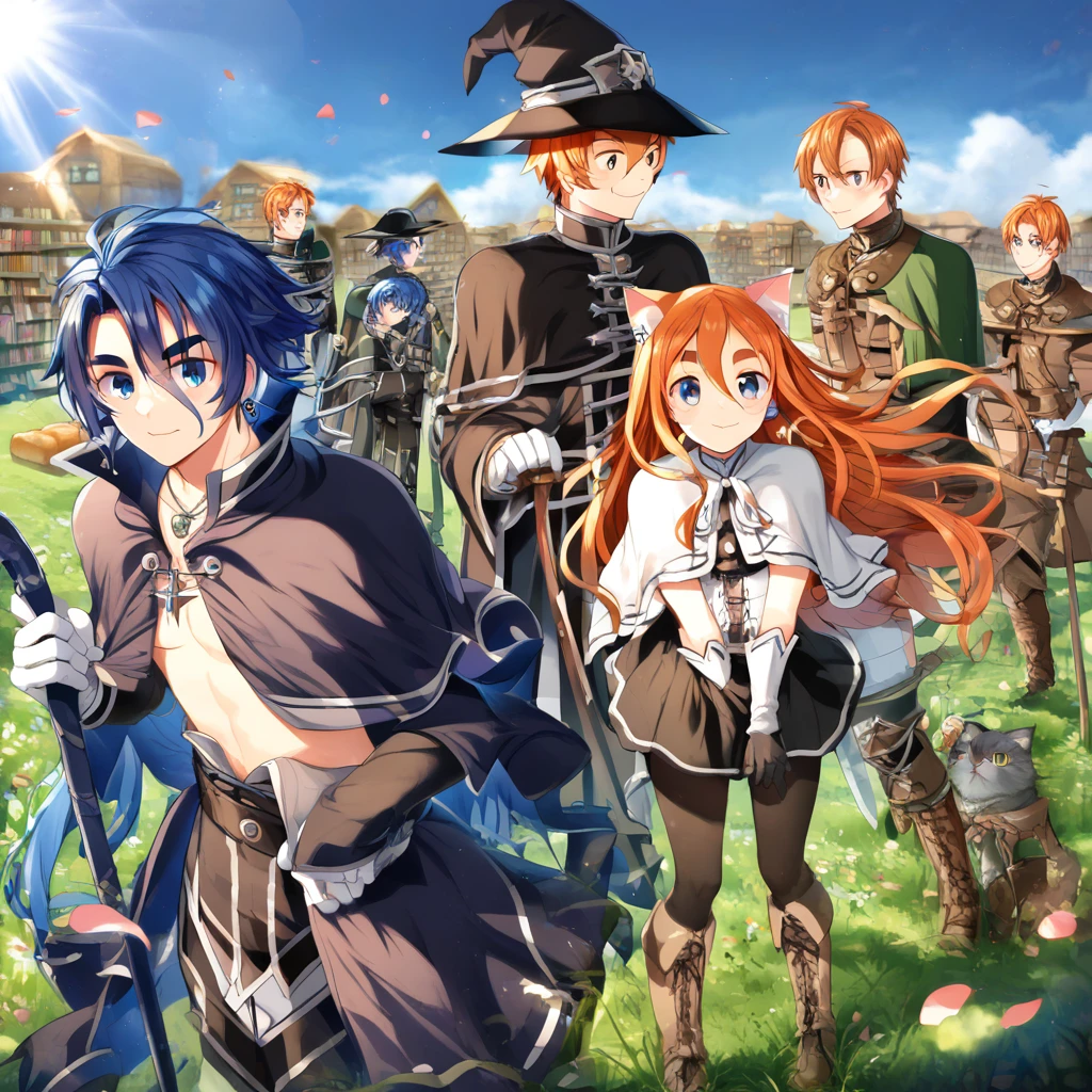 pantyhose, military uniform, holding weapon, collarbone, falling petals, thick eyebrows, boots, baby, depth of field, grass, earrings, :3, facial hair, smile, fantasy, sky, sunlight, 2boys, bokeh, sword, blue hair, hair between eyes, black skirt, pauldrons, very long hair, cat ears, closed mouth, blush, library, capelet, brown footwear, holding bow (weapon), medium hair, topless male, witch hat, black gloves, long hair, bread, necklace, black headwear, white gloves, cane, orange hair