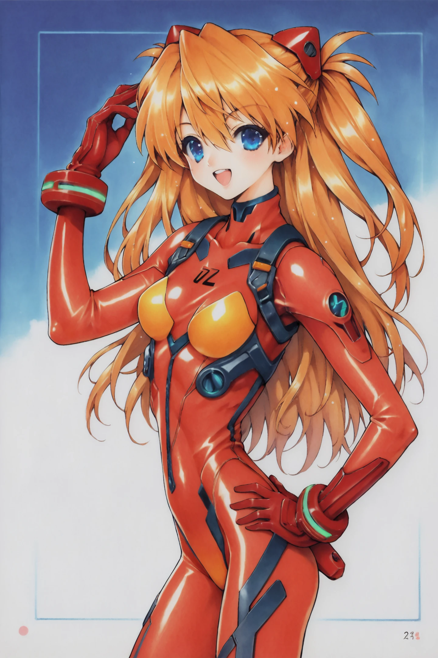 score_9,score_8_up,score_7_up,
1girl,long hair,plugsuit,bodysuit,souryuu asuka langley,pilot suit,bracer,blue eyes,smile,open mouth,breasts,bangs,turtleneck,solo,cowboy shot,:d,hair between eyes,gloves,red bodysuit,small breasts,looking at viewer,headgear,two side up,hand on hip,skinny,adjusting hair,narrow waist,standing,orange hair,science fiction,hand up,shiny clothes,hair ornament,happy,from side,shiny,skin tight,traditional media,
<lora:Ramiya Ryou_XL_PONY:0.9>,
