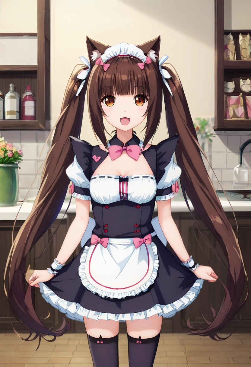 PonyXLV6_Scores ,source_anime, original anime style, masterpiece,best quality, highly detailed,<lora:xl_more_art-full_v1:0.8>,cinematic,volumetric light,<lora:anime_screencap:1>fine anime screencap_xl, anime screencap
BREAK
<lora:chocola:0.8>chocola 1girl, solo, long hair, looking at viewer, smile, open mouth, bangs, brown hair, thighhighs, bow, animal ears, twintails, brown eyes, very long hair, tail, short sleeves, :d, puffy sleeves, black thighhighs, cat ears, blunt bangs, bowtie, apron, puffy short sleeves, zettai ryouiki, wrist cuffs, maid, maid headdress, waist apron, animal ear legwear, cat ear legwear