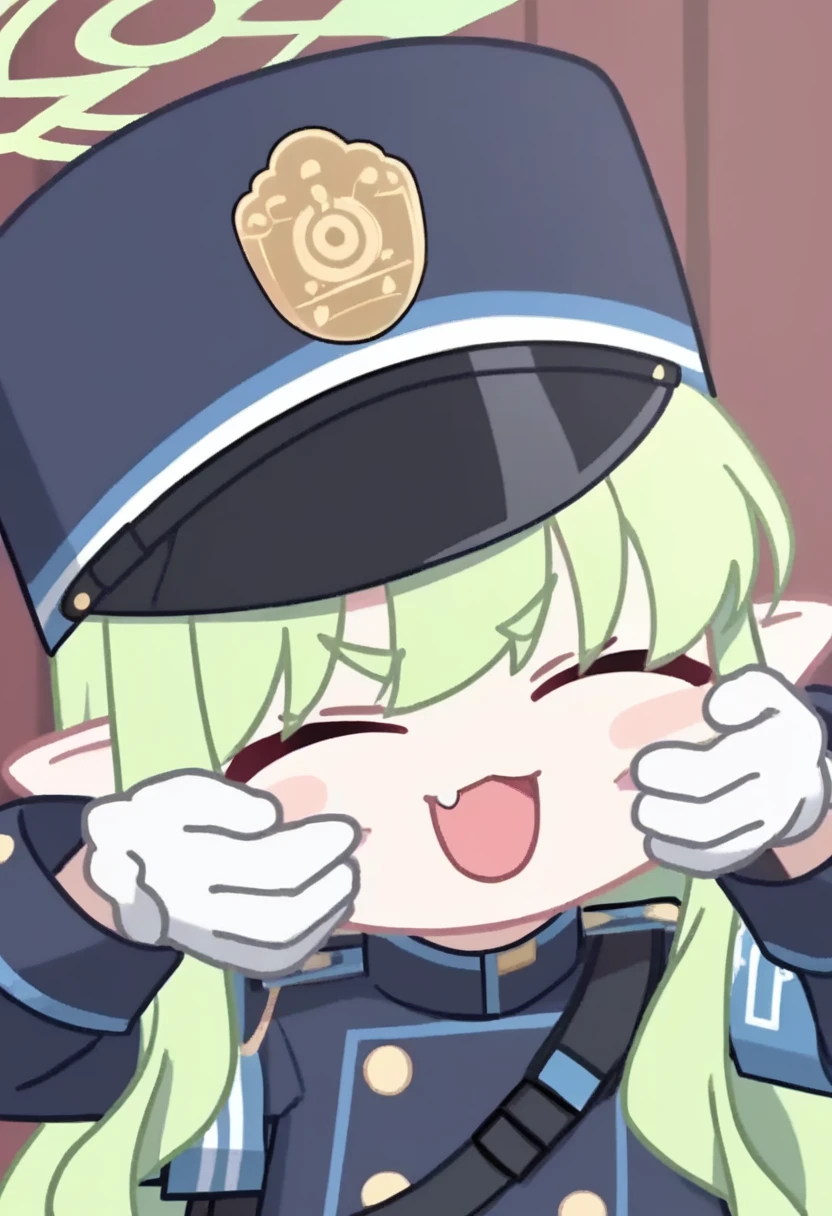 score_9,score_8_up,score_7_up,<lora:blue_archive_all_v3:1>,1girl, >o<, animated, blue_armband, blush_stickers, chibi, closed_eyes, commentary, disembodied_limb, green_hair, green_halo, hands_on_another's_cheeks, hat, hikari_\(blue_archive\), jacket, long_hair, no_nose, patting_cheek, pointy_ears, sensei_\(blue_archive\), sidelocks, skin_fang, sound, v-shaped_eyebrows, video