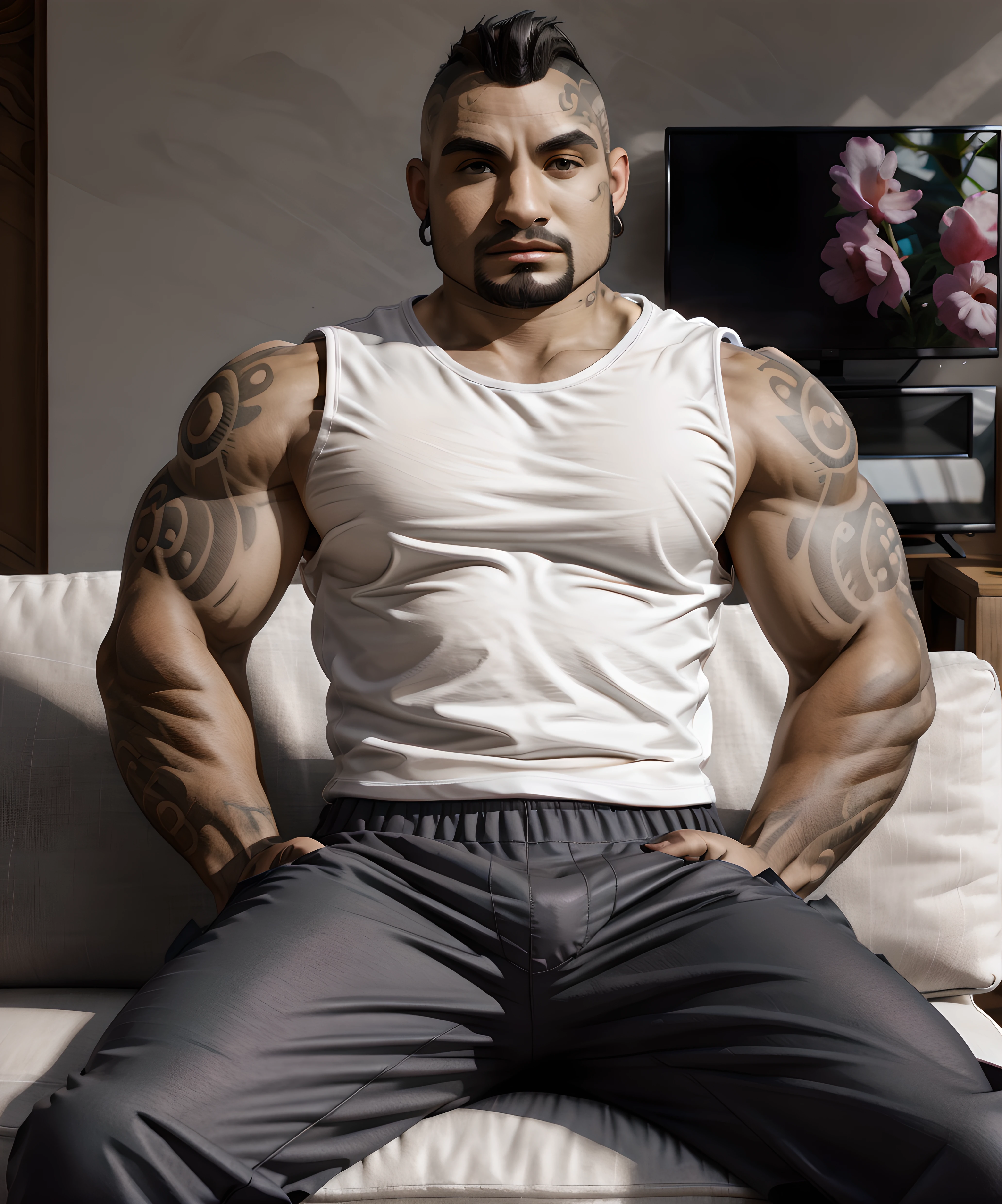 <lora:Tai_Kaliso:0.75> tai_kaliso, tank top, pants, sitting, looking at viewer, (tattoo:1.2), beard, living room, television, sofa, daytime, dark skin