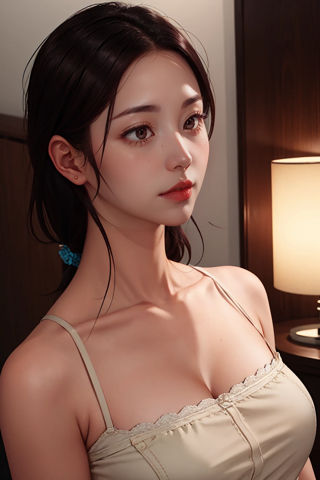 Highly detailed realism, (huge breasts), very delicate face, moist lips, (very long hair), innocent big eyes, detailed eyes, black micro lingerie