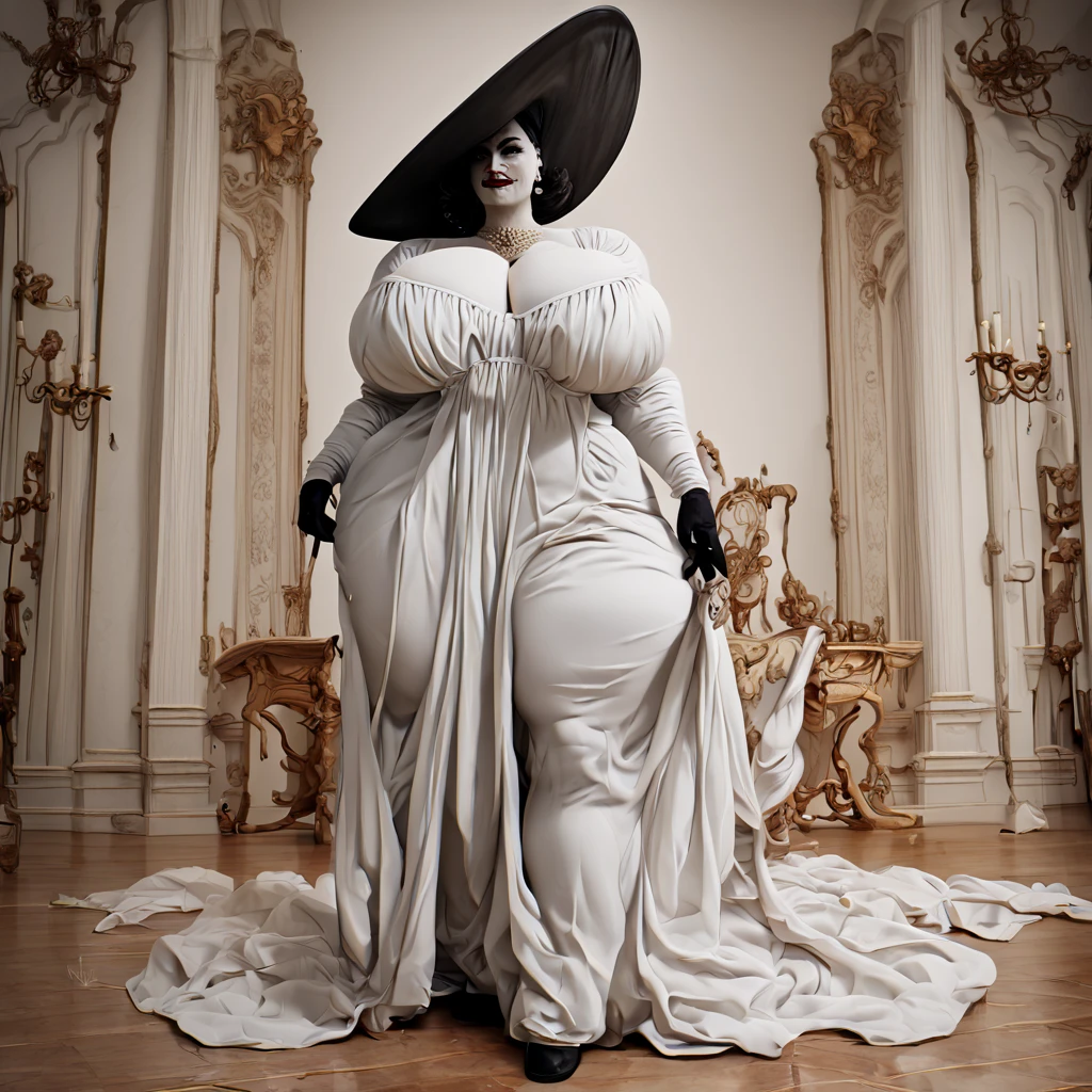 alcina dimitrescu, wide hips, thick thighs, huge breasts, solo, front view, full-length portrait, score_9, score_8_up, score_7_up, (2d \(artwork\),:1.5)   <lora:alcina_dimitrescu:1> vamp