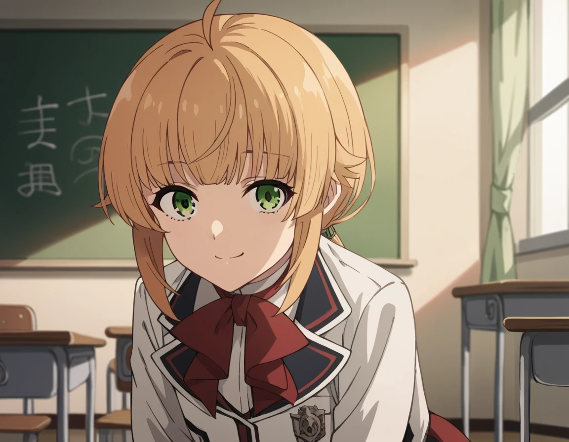 score_9, score_8_up, score_7_up, source_anime,
norngreyrat, <lora:norn-greyrat-s2-ponyxl-lora-nochekaiser:1>,
norn greyrat, bangs, blonde hair, green eyes, ahoge,
long sleeves, bow, school uniform, jacket, bowtie, red bow, skirt, red skirt, white jacket,
indoors, classroom, bent over, smile,
solo, dutch angle, looking at viewer, cowboy shot,