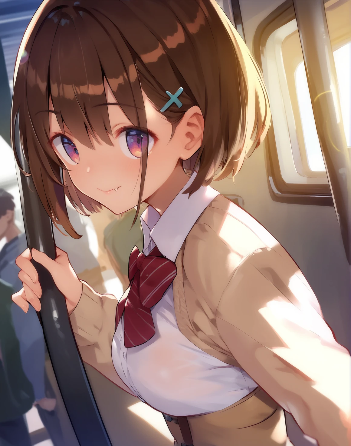 score_9, score_8_up, score_7_up,score_6_up, 1girl inside a train, train interior,   <lora:caburi_style_pony6_v1-000018:1> 1girl, brown hair, bow, bowtie, :d, hair ornament, short hair, shrug (clothing), hair ribbon, hairclip, fang, dutch angle, sunlight, looking at viewer, from side,