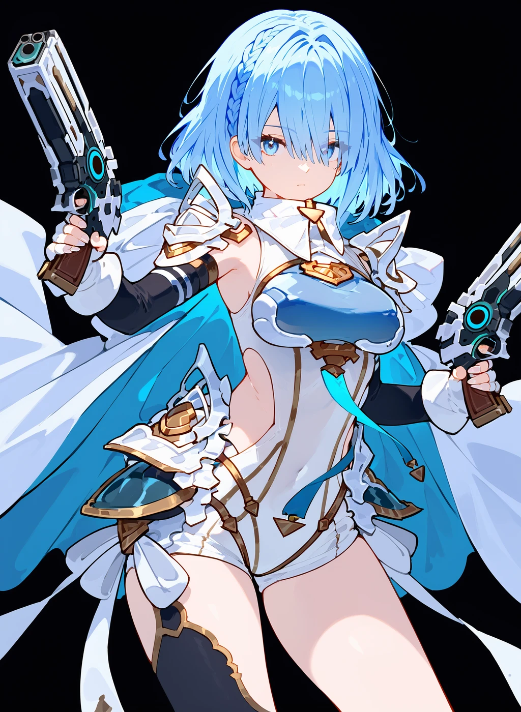 score_9,score_8_up,score_7_up,score_6_up,1girl,solo,weapon,holding,black background,gun,holding weapon,braid,gloves,covered navel,looking at viewer,armor,shoulder armor,blue hair,holding gun,simple background,grey eyes,short hair,fingerless gloves,closed mouth,breasts,cowboy shot,bangs,handgun,pauldrons,hood down,hair between eyes,white gloves,dual wielding,trigger discipline,elbow gloves,leotard,shorts,short shorts,white leotard,medium breasts,white shorts,medium hair,standing,bodysuit,white cape,cape,eyes visible through hair,side cutout,multicolored hair,breastplate,cloak,fingernails,french braid,thighs,small breasts,clothing cutout,finger on trigger,<lora:Soraitse-nnV2:1>,