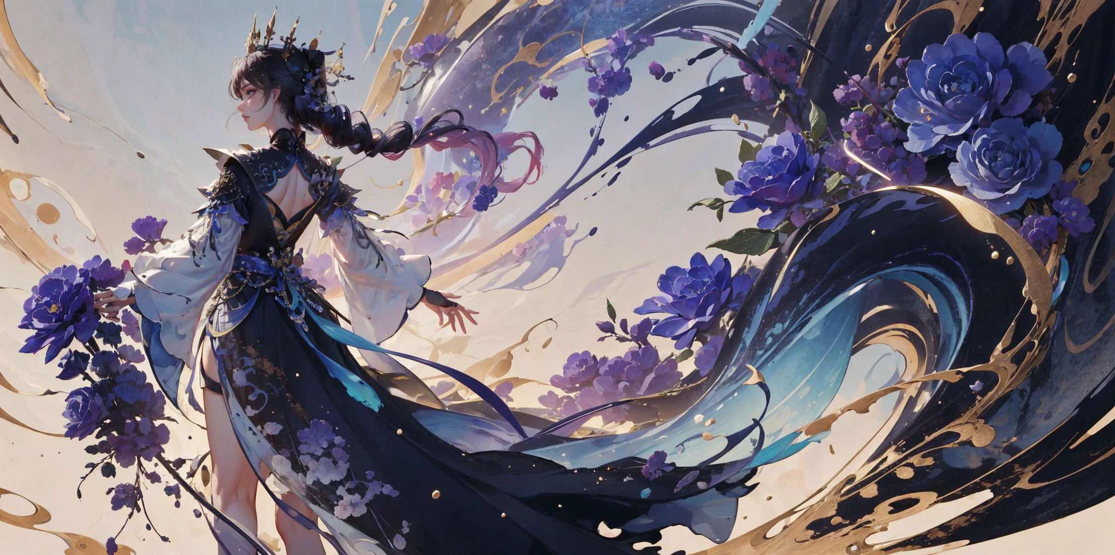 1girl,huge skirt,black dress,everywhere black roses,blue rose,flowers,black flowers,the blue cloud,exterior,depth of field,top view angle,close-up,xuer film still,
Splattered black ink,flawless,clean,Meticulous brush,Freehand splash ink,xuer Ancient style ink,
xuer mind bending murals,<lora:~Q? l4_ih<n\ xuer mind bending murals:0.7>,