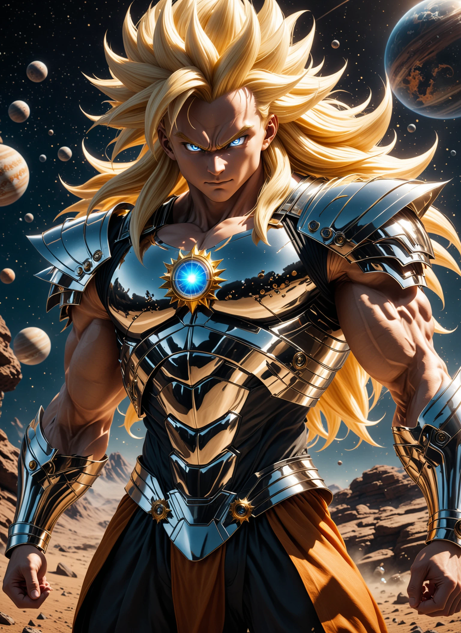 texture photorealistic realistic 8K raw photography, (Long super Saiyan 3 blonde hair Man in chrome hdsrmr:1.3), Intricate details, (Reflective surfaces:1.2), Steel embellishments, (super Saiyan energy particles exploding all around:1.3), similing, Defense Stance, Dramatic shadows, (Light cascading:1.2), (full body view:1.3), Captured with a Sony Alpha a7R IV, 50mm f/1.8 lens, High definition clarity, Raw intensity, Detailed textures, (very defined space with planets background:1.2) <lora:Armor from HaDeS XL v3.4 Lite:1> <lora:Image Enhancer XL Medium v1:1> . highly detailed, lifelike, precise, accurate top down close-up