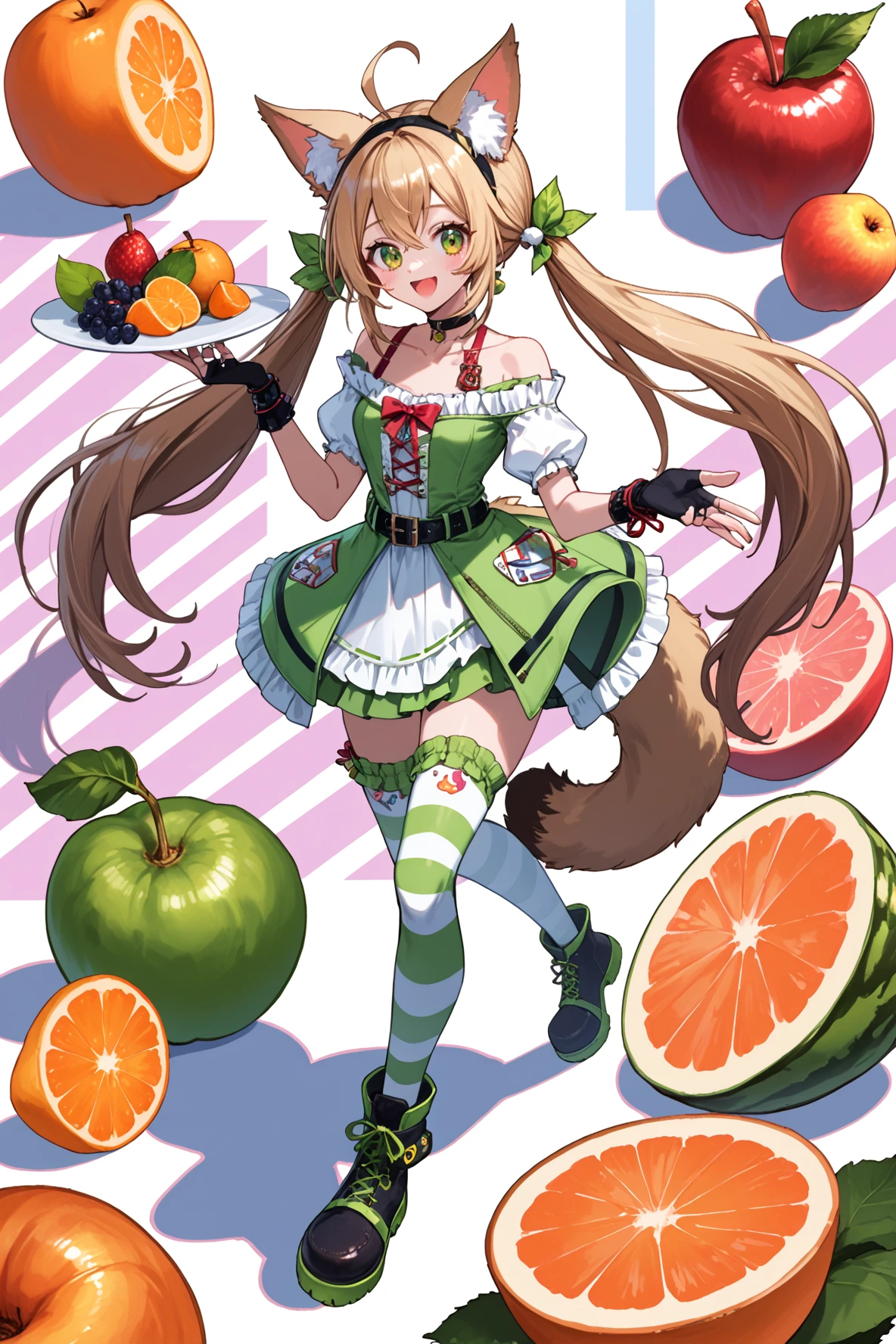 1girl, ahoge, animal ear fluff, animal ears, asymmetrical legwear, choker, collarbone, fingerless gloves, food, fruit, full body, green eyes, hairband, long hair, low twintails, off shoulder, open mouth, single thighhigh, smile, solo, striped, striped background, striped legwear, tail, thighhighs, twintails, uneven legwear, very long hair, virtual youtuber, <lora:rokwmn:0.7>