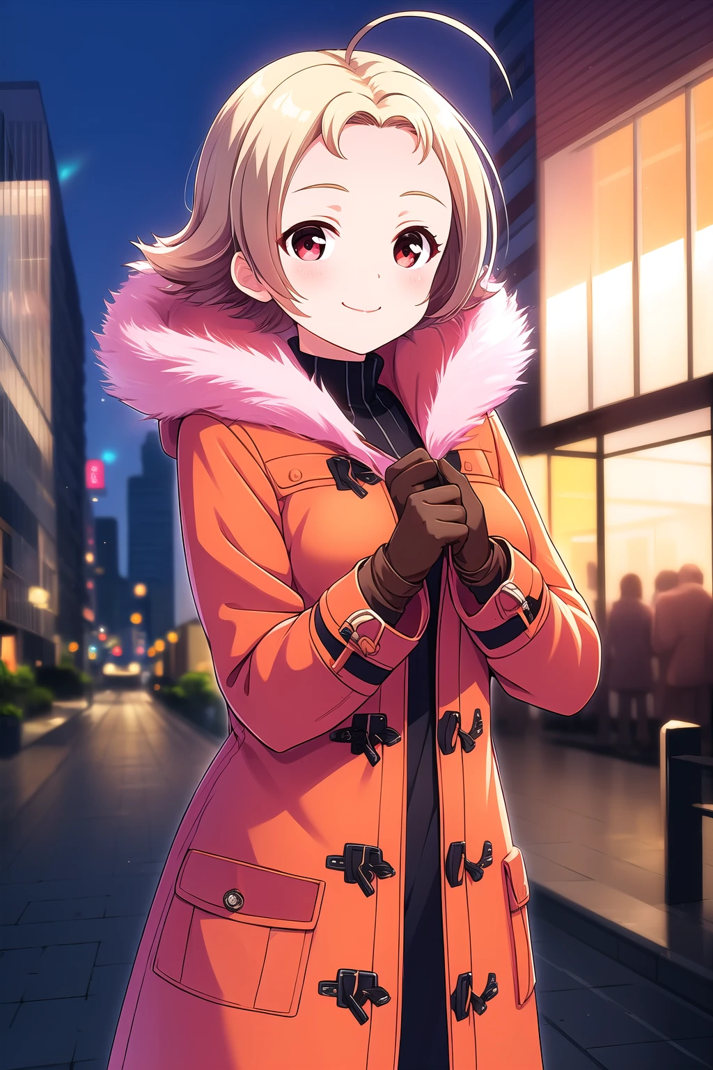 (masterpiece, best quality), highly detailed background, perfect lightingbest quality, narusemanami, solo, outdoors, city, winter, blonde hair, ahoge, parted bangs, forehead, flipped hair, short hair, red eyes, medium breasts, pink coat, fur-trimmed coat, fur trim, open coat, orange dress, brown gloves, winter clothes, smile, closed mouth, :), pink lips, <lora:Naruse-Manami:0.7>
