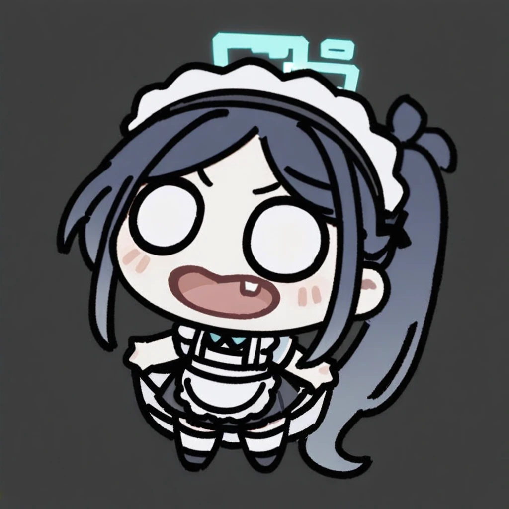 (chibi),(masterpiece),(best quality),masterpiece,best quality,very aesthetic,absurdres,newest, BREAK sdorica composition,black background,simple background,character name, BREAK 1girl, solo, aris \(blue archive\), aris \(maid\) \(blue archive\), halo, long hair, black hair, thighhighs, white thighhighs, apron, blue eyes, official alternate costume, maid headdress, maid, very long hair, full body, simple background, white background, short sleeves, open mouth, dress, looking at viewer, maid apron, white apron, black footwear, borrowed clothes, shoes, black dress, frilled apron, frills, blush, upper teeth only, ponytail, smile, puffy sleeves, standing, side ponytail, teeth, puffy short sleeves, absurdly long hair, garter straps, skirt hold, bow, sidelocks,