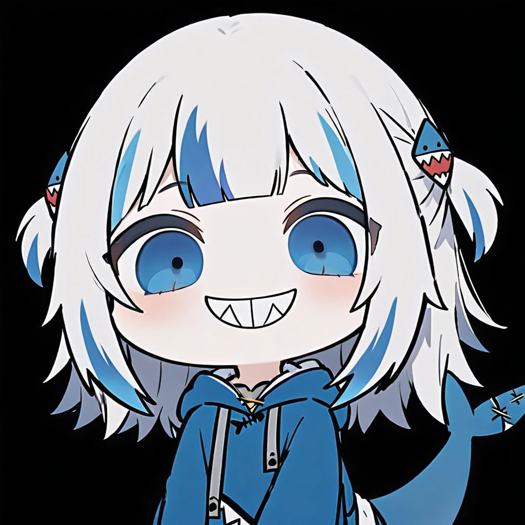 grin, chibi, teeth, 1girl, gawr gura, virtual youtuber, tail, fish tail, shark tail, solo, blue eyes, multicolored hair, grey hair, blue hair, streaked hair, bangs, hair ornament, shark hair ornament, two side up, white background, hood, blunt bangs, shark girl, hoodie, simple background, blue hoodie