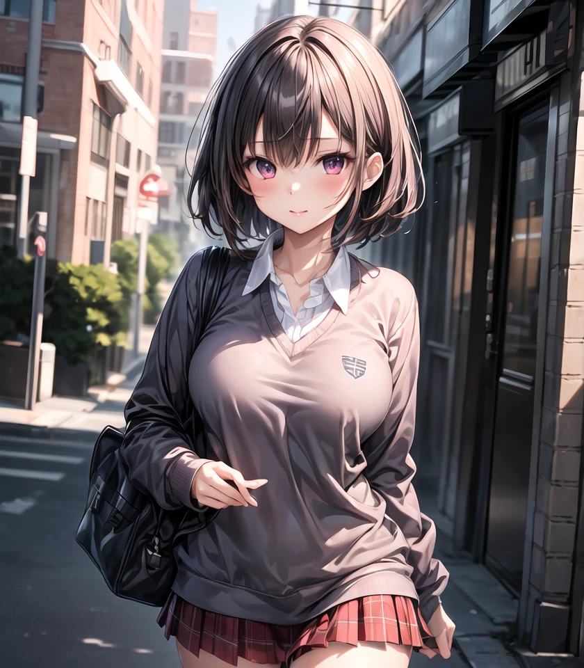 (super fine illustraiton:1.2),,best quality,ultra detailed, radiosity,professional lighting, physically-based rendering,1 girl,anime style,
 <lora:school_uniformsweater_and_mini_skirt:0.5>,long sleeves, plaid skirt,miniskirt,pleated skirt,collared shirt,school uniform,sweater
<lora:add_detail:0.5>