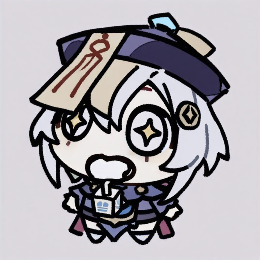 (chibi),full body,masterpiece, best quality, qiqi (genshin impact), hat 1girl, drinking straw, solo, holding, looking at viewer, chibi, drink,coconut, drinking straw in mouth, milk carton, simple background, sparkling eyes, +_+, symbol-shaped pupils, wide sleeves, chinese clothes, juice box, talisman, can, bendy straw, white background, holding drink