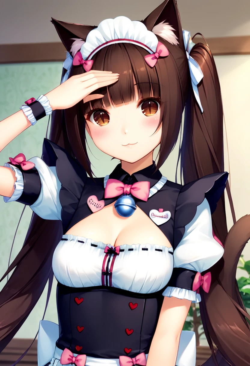 PonyXLV6_Scores ,source_anime, original anime style, masterpiece,best quality, highly detailed,<lora:xl_more_art-full_v1:0.8>,cinematic,volumetric light,
BREAK
<lora:chocola:0.8>chocola, 1girl, solo, long hair, breasts, looking at viewer, blush, smile, bangs, brown hair, bow, ribbon, animal ears, twintails, brown eyes, very long hair, tail, upper body, short sleeves, small breasts, puffy sleeves, artist name, cat ears, blunt bangs, bowtie, character name, puffy short sleeves, cat tail, wrist cuffs, maid, maid headdress, clothing cutout, bell, :3, cleavage cutout, cat girl, slit pupils, jingle bell, name tag, ribbon-trimmed clothes