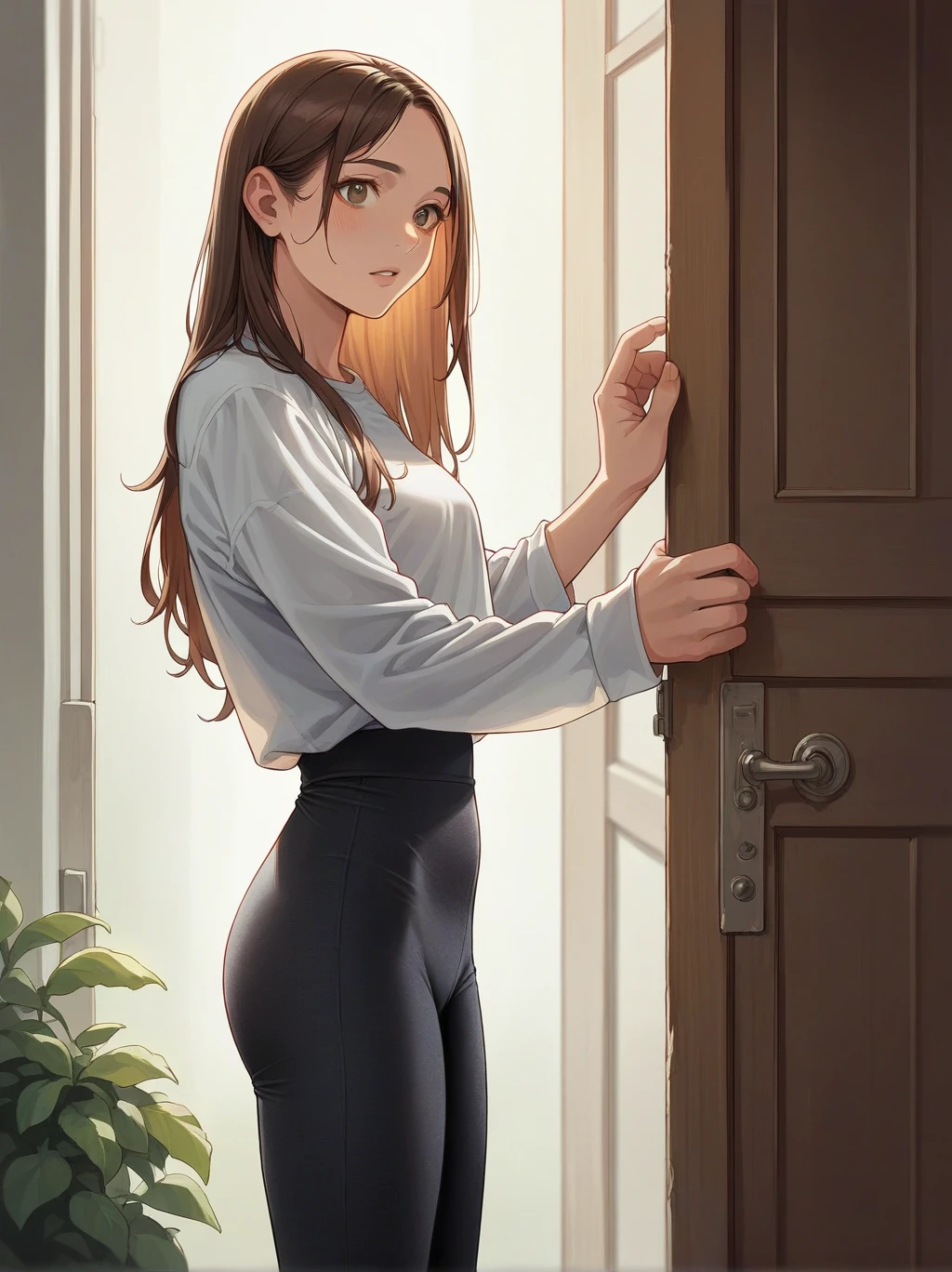 score_9, score_8_up, score_7_up, score_6_up, source_anime, BREAK <lora:leggings_v2.6-pony:1.0>
1girl, 
black leggings, textured leggings,
cowboy shot, brown hair, long hair, open door,