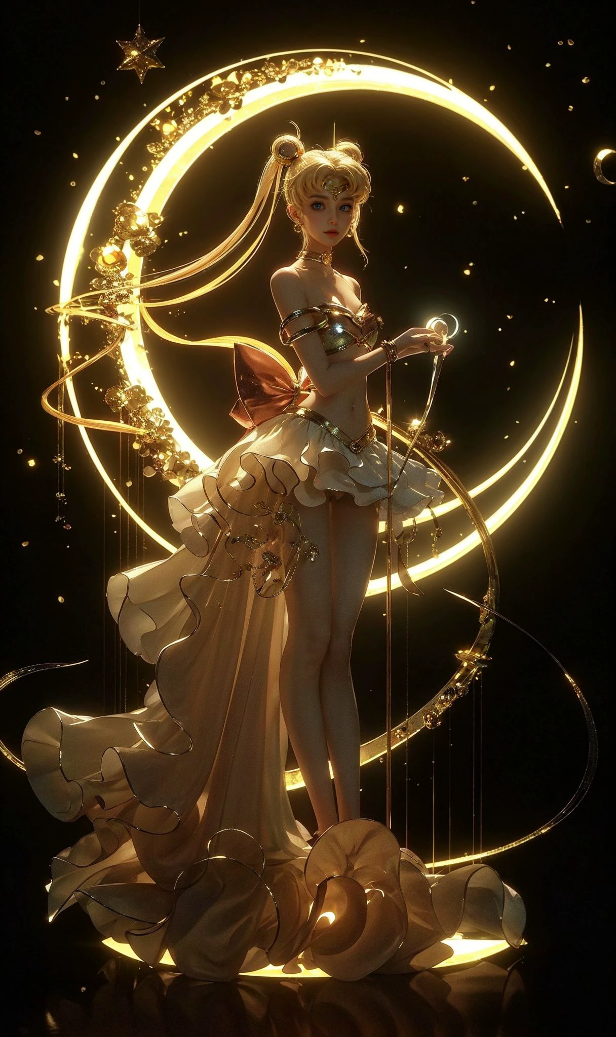 (8k, RAW photo, highly detailed,masterpiece, highest quality),rich colors,high contrast,film still,full shot body photo of the most beautiful artwork in the world,cinematic light,fantasy,highres,(detailed face),
xuer Sailor Moon,1girl,long hair,tsukino usagi,blonde hair,solo,twintails,very long hair,crescent,jewelry,facial mark,blue eyes,hair bun,crescent facial mark,double bun,absurdly long hair,full body,crescent moon,bow,bangs,earrings,moon,breasts,forehead mark,hair ornament,high heels,navel,white bow,closed mouth,black background,
high gloss,extremely beautiful skin,natural skin texture,(pale skin, real_skin),(Milky skin:1.2),(shiny skin:1.5),
<lora:xuer Sailor Moon_20240329152018:0.8>,