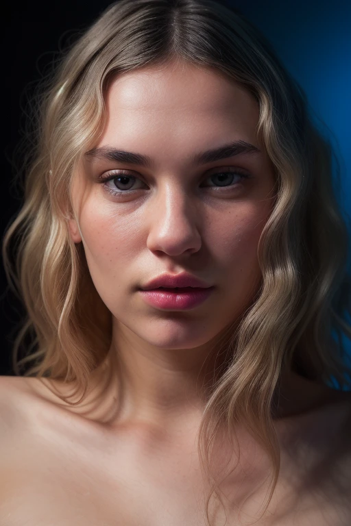 Frontal photo of a 25-year-old European woman, Point to the camera, blond hair, demure, (Amazing skin details: 1.4), (natural skin: 1.2), (pores: 0.6), the picture, (detailled eyes: 1.2), black backdrop, studio, bright border, dark atmosphere, (bokeh: 1.2), fotografia, filmic, photorealestic, Ultrarealistic, Matching girl, skintight dress, perfect figure, perfect anatomy