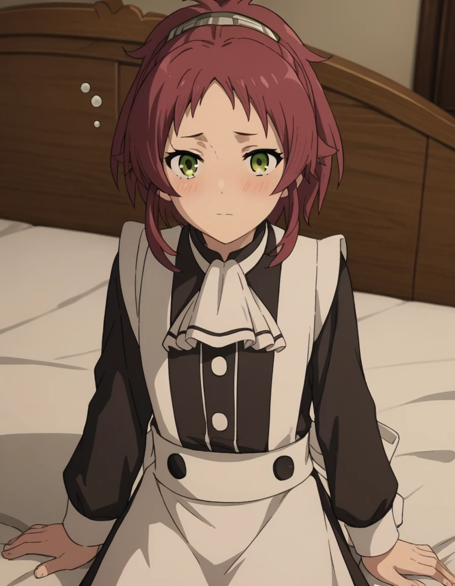 score_9, score_8_up, score_7_up, source_anime,
aishagreyrat, <lora:aisha-greyrat-s2-ponyxl-lora-nochekaiser:1>,
aisha greyrat, green eyes, ponytail, red hair,
long sleeves, apron, maid, ascot, white apron, white ascot,
indoors, bed, bed room, on side, blush, drunk,
solo, dutch angle, looking at viewer, cowboy shot,