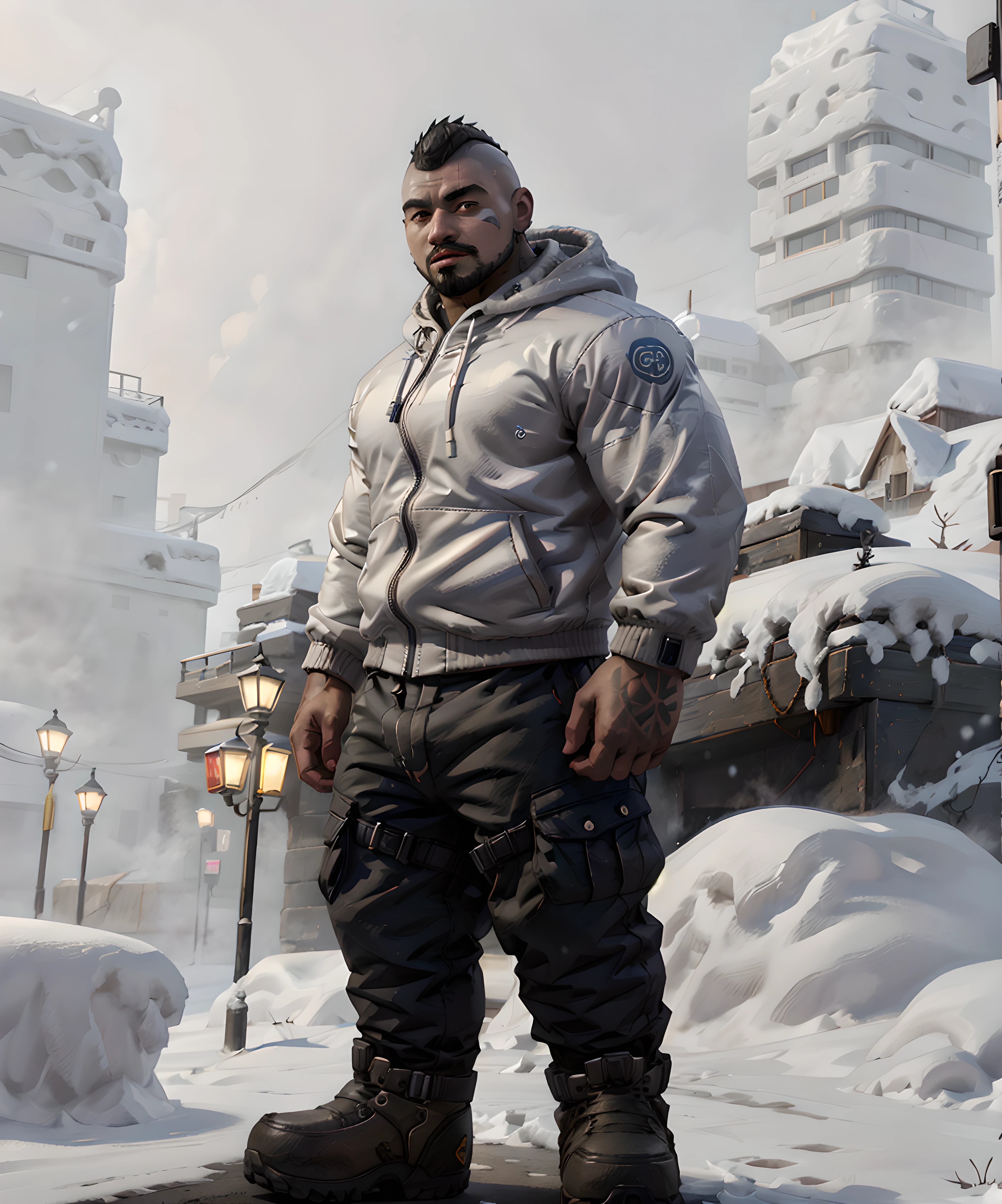 <lora:Tai_Kaliso:0.75> tai_kaliso, winter jacket, long pants, standing, looking at viewer, (tattoo:1.2), beard, (dark skin:1.1), evening, snow, outdoor, fog, snow fog, chubby