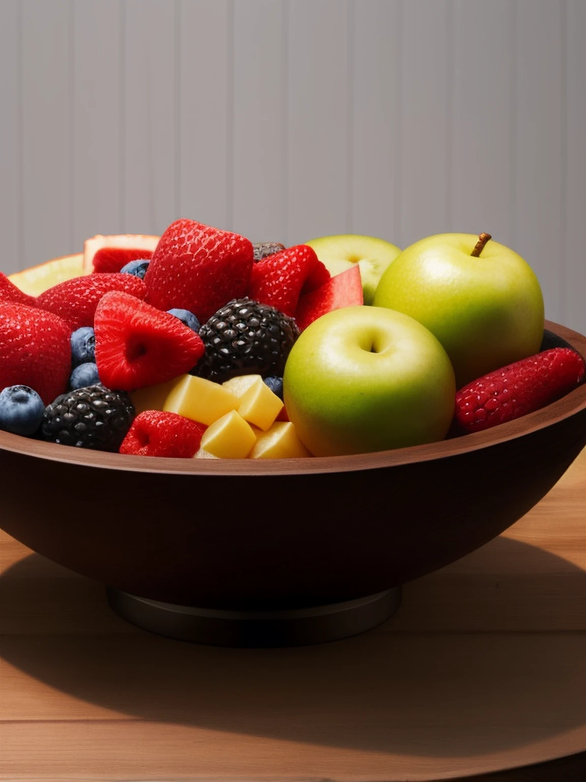 intricatedetails, Rembrandt lighting on a bowl of mixed fruit in a wooden bowl on a chrome table