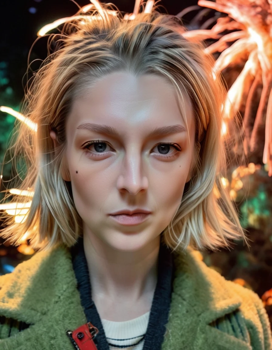 underexposed selfie from the front recording a thin, full-grown, and italian female; wearing a warm jacket and shorts with luxurious fabric; featuring a blond side bangs haircut with an upturned nose. shown staring with fierce eyes within a sci-fi [coral reef|fireworks show|jungle made of cables] with atmospheric lighting. <lora:HunterXL4:1>