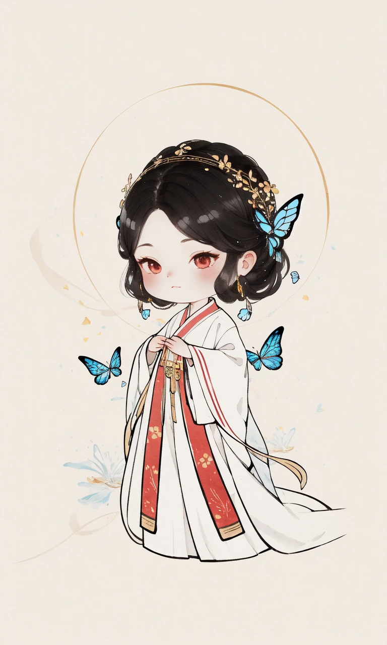 chibi ink painting, 1girl, chibi,sharp eyes,wearing white Hanfu,light particles,glowing butterflies, ((masterpiece)), ((best quality)), 8k, high detailed, ultra-detailed, <lora:Q_ink:0.8>