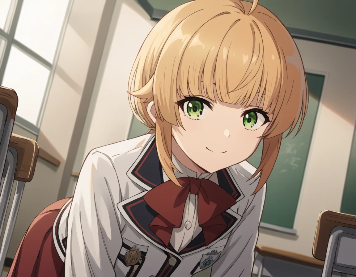 score_9, score_8_up, score_7_up, source_anime,
norngreyrat, <lora:norn-greyrat-s2-ponyxl-lora-nochekaiser:1>,
norn greyrat, bangs, blonde hair, green eyes, ahoge,
long sleeves, bow, school uniform, jacket, bowtie, red bow, skirt, red skirt, white jacket,
indoors, classroom, bent over, smile,
solo, dutch angle, looking at viewer, cowboy shot,