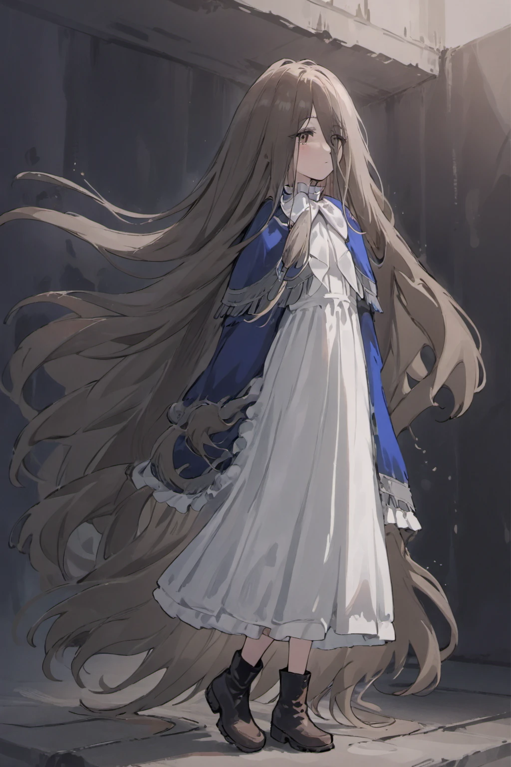 zenzei,1girl, long hair, solo, very long hair, brown hair, white_dress,  boots, full body, brown eyes, black footwear, looking at viewer,blue_capelet, standing, white dress <lora:zenzei-000003:1>