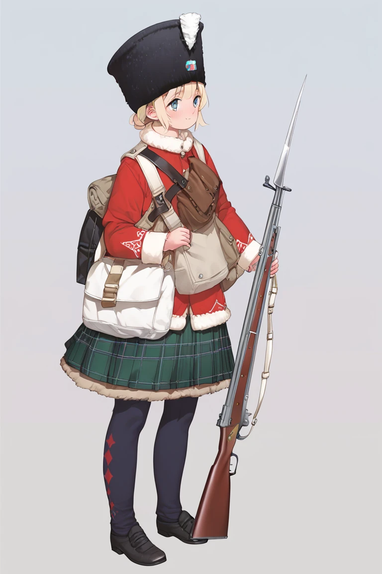 score_9,score_8_up,score_7_up,artbook,game cg,1girl,solo,bag,standing,fur_trim,full_body,hat,scotsman,scot skirt,holding rifle,musket,bayonet,victorianera,black bear skin hat,white hackle,white plume,redcoat,military uniform,blonde hair,<lora:redcoatXLv1:1>,<lora:Koume_Keito_PonyXL_dim32:0.8:lbw=0.8,0,0,0,0,0,0.8,0.8,0.8,0.8,0.8,0.75>,