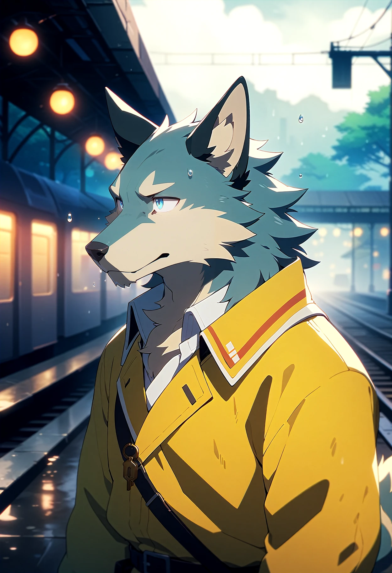 canid, wolf, flat color, by zixiong,
anthro, solo, male, baggy clothing, gentle, bright eyes,
waterdrop, grey sky, raining, fog,
outside, train station,
anime artwork, anime style, key visual,
vibrant, studio anime, highly detailed,
cinematic still, emotional, harmonious, vignette,
highly detailed, high budget, bokeh, cinemascope,
moody, epic, gorgeous, film grain, grainy