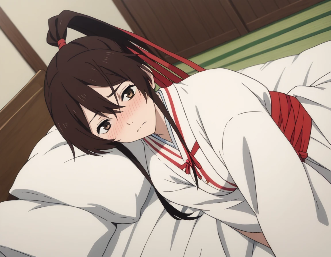 score_9, score_8_up, score_7_up, source_anime,
sagiriyamadaasaemon, <lora:sagiri-yamada-asaemon-s1-ponyxl-lora-nochekaiser:1>,
sagiri yamada asaemon, long hair, black hair, ponytail, high ponytail, brown eyes,
japanese clothes, kimono, hakama,
indoors, bed, bed room, on side, blush, drunk,
solo, dutch angle, looking at viewer, cowboy shot,