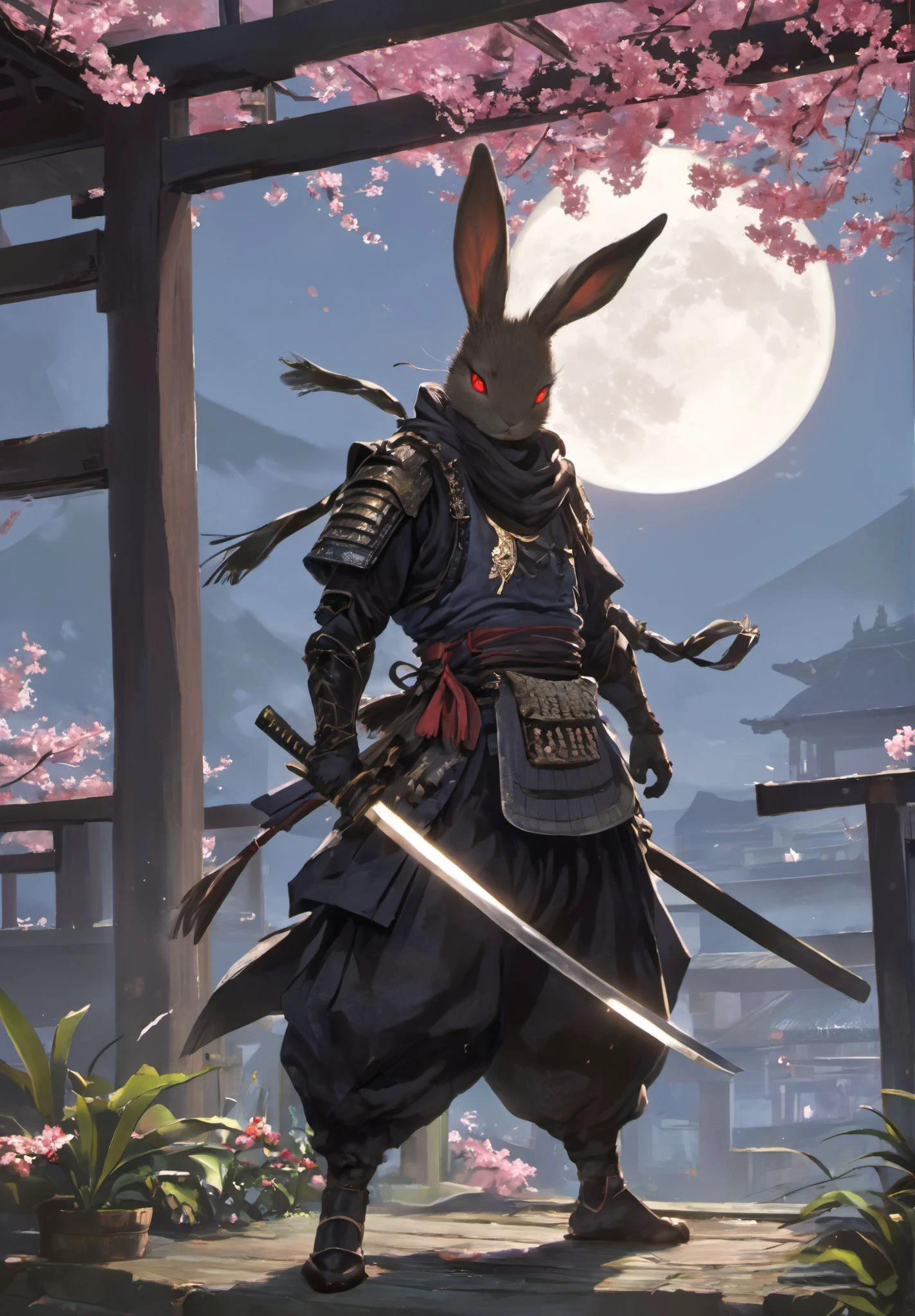 XUER Rabbit anthropomorphic,solo,looking at viewer,red eyes,1boy,holding,animal ears,standing,full body,flower,male focus,outdoors,japanese clothes,sword,necklace,scarf,holding weapon,armor,rabbit ears,tree,glowing,moon,katana,plant,gauntlets,sheath,furry,full moon,rabbit,sheathed,potted plant,ninja,japanese armor,scabbard,architecture,east asian architecture,torn scarf,
furry,rabbit,<lora:~Q?XL bNSQT[P XUER Rabbit anthropomorphic:0.8>,