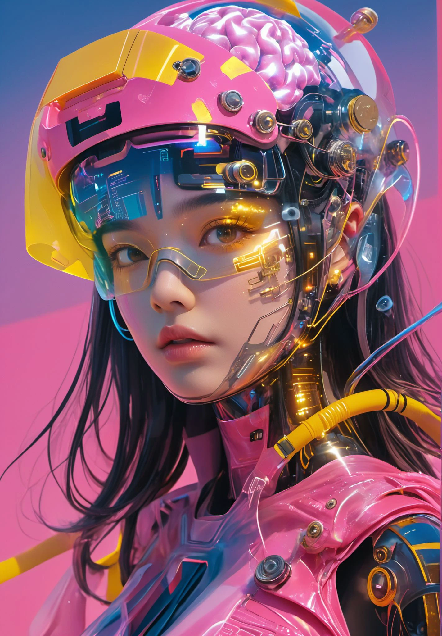 The image portrays a female figure,seemingly of futuristic origin. She is adorned in a form-fitting bodysuit that appears to be made of a combination of fabrics and possibly some form of advanced material. Overlaying her visage are digital interfaces and holographic elements,suggesting she may have cybernetic enhancements or be connected to a sophisticated system. Her eyes are closed,giving an impression of meditation or deep concentration. Surrounding her are various technological panels,screens,and devices emitting light and displaying data. The color palette is dominated by cool tones,with bursts of orange and yellow from the digital displays,lending the image a high-tech,cyberpunk ambiance.,
XUER Liquid chromium brain,<lora:~Q?XL m`Y' XUER Liquid chromium brain:0.8>,(wide shot, wide-angle lens,Panoramic:1.2),super vista,super wide Angle,Low Angle shooting,super wide lens,
a full body photo of an asian Beautiful cyberpunk robot woman wearing light pink Fluorescent helmet with metal nails and golden Fluorescent goggles,
he has his head in the shape of brain made from transparent plastic bag filled by liquid chrome,written on it,posted to reddit in 2018,