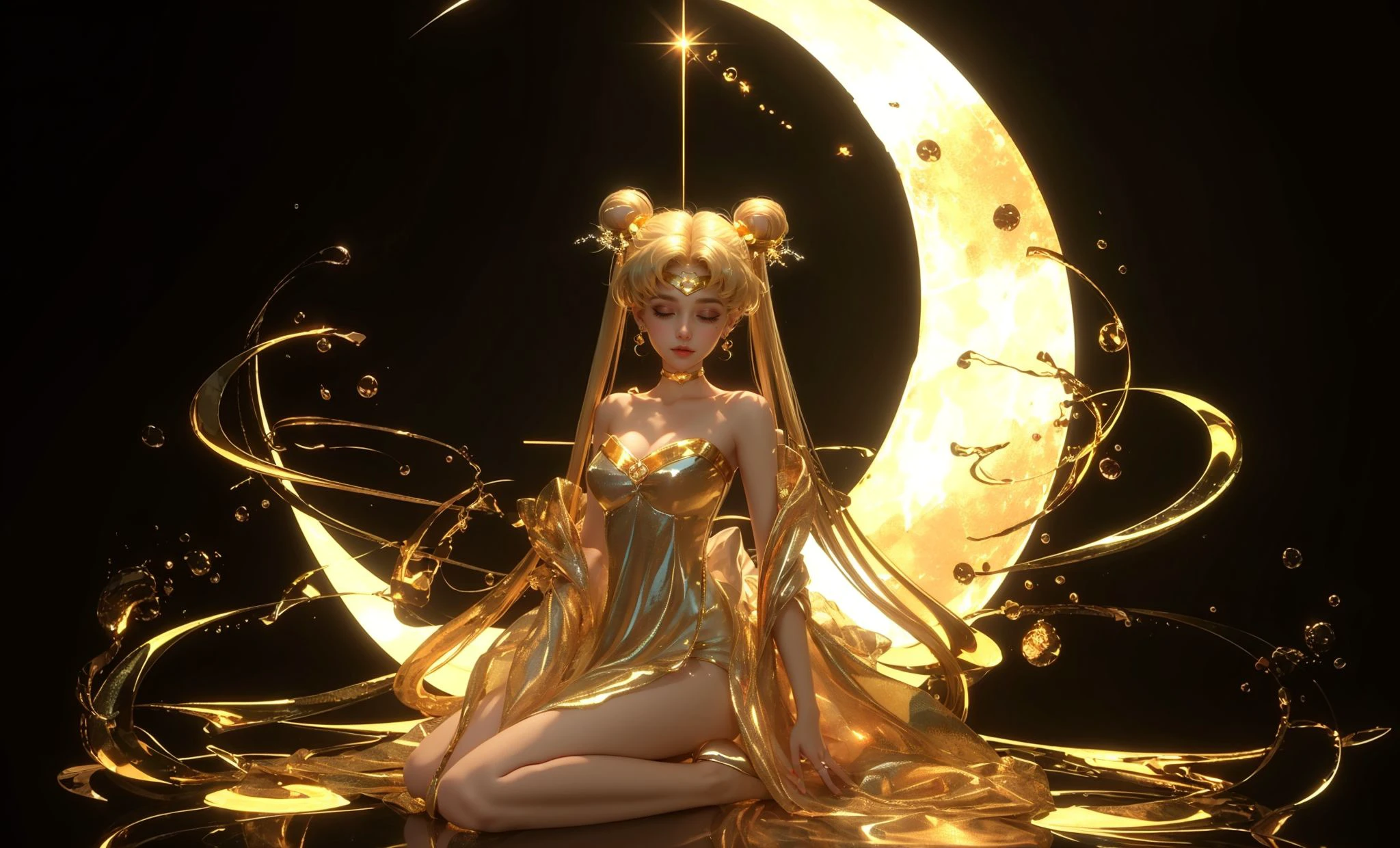 (8k, RAW photo, highly detailed,masterpiece, highest quality),rich colors,high contrast,film still,full shot body photo of the most beautiful artwork in the world,cinematic light,fantasy,highres,(detailed face),
xuer Sailor Moon,1girl,solo,long hair,tsukino usagi,crescent,blonde hair,moon,very long hair,sitting,crescent moon,closed eyes,twintails,hair bun,double bun,crescent facial mark,jewelry,dress,bangs,black background,facial mark,breasts,bare shoulders,strapless dress,earrings,see-through,glowing,wariza,strapless,medium breasts,forehead mark,closed mouth,full body,collarbone,yellow dress,bare legs,facing viewer,sparkle,yellow theme,hair ornament,cleavage,absurdly long hair,water,
high gloss,extremely beautiful skin,natural skin texture,(pale skin, real_skin),(Milky skin:1.2),(shiny skin:1.5),(high_heels:1.2),
<lora:xuer Sailor Moon_20240329152018:0.8>,