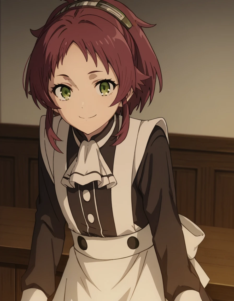 score_9, score_8_up, score_7_up, source_anime,
aishagreyrat, <lora:aisha-greyrat-s2-ponyxl-lora-nochekaiser:1>,
aisha greyrat, green eyes, ponytail, red hair,
long sleeves, apron, maid, ascot, white apron, white ascot,
indoors, bent over, smile,
solo, dutch angle, looking at viewer, cowboy shot,