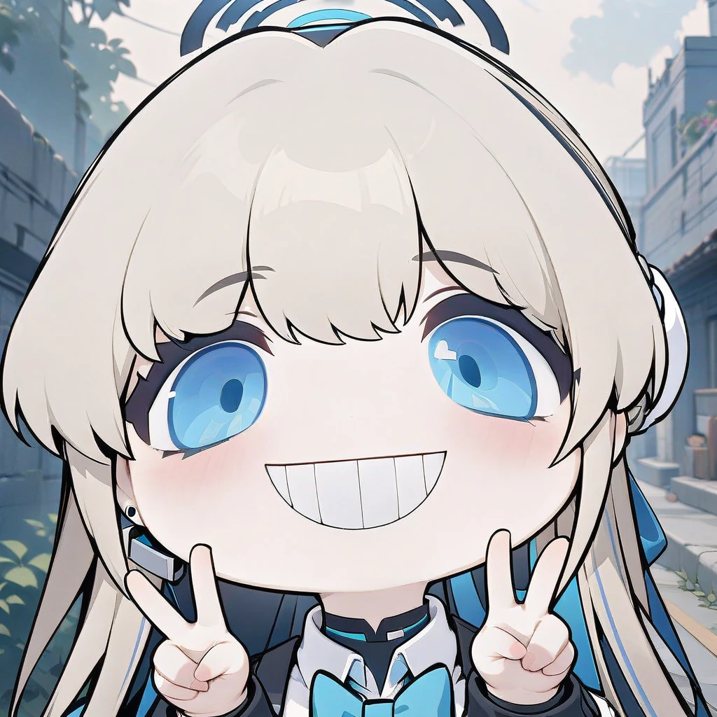(grin, chibi, teeth),1girl, toki \(blue archive\), blue archive, game cg, solo, double v, looking at viewer, upper body, cinematic angle, depth of field, outdoors, masterpiece, best quality