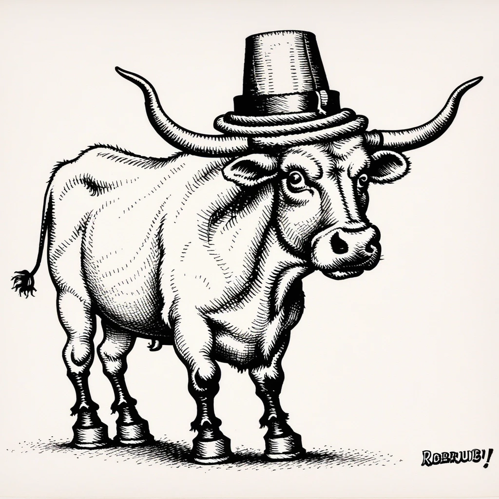 robertcrumb ink drawing of a bull with a hat