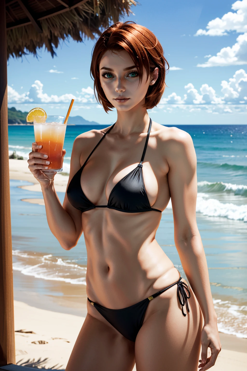 ((Masterpiece)), ((Best Quality)), Ultra High Resolution, HDR, absurderes, 8K, (1 girl), intricate details, ultra-detailed, dramatic lighting, blushing, shy face, green eyes, short ginger hair, wavy hair, (wearing a black bikini, jean shorts and a beach hat), in a restaurant, gorgeous girl, small size breasts, gorgeous body, glossy skin, vivid colors, full body view, detailed illustration, detail background, shy, feminine, professional artwork, big thighs, cleavage, small waist, wide hips, short hair