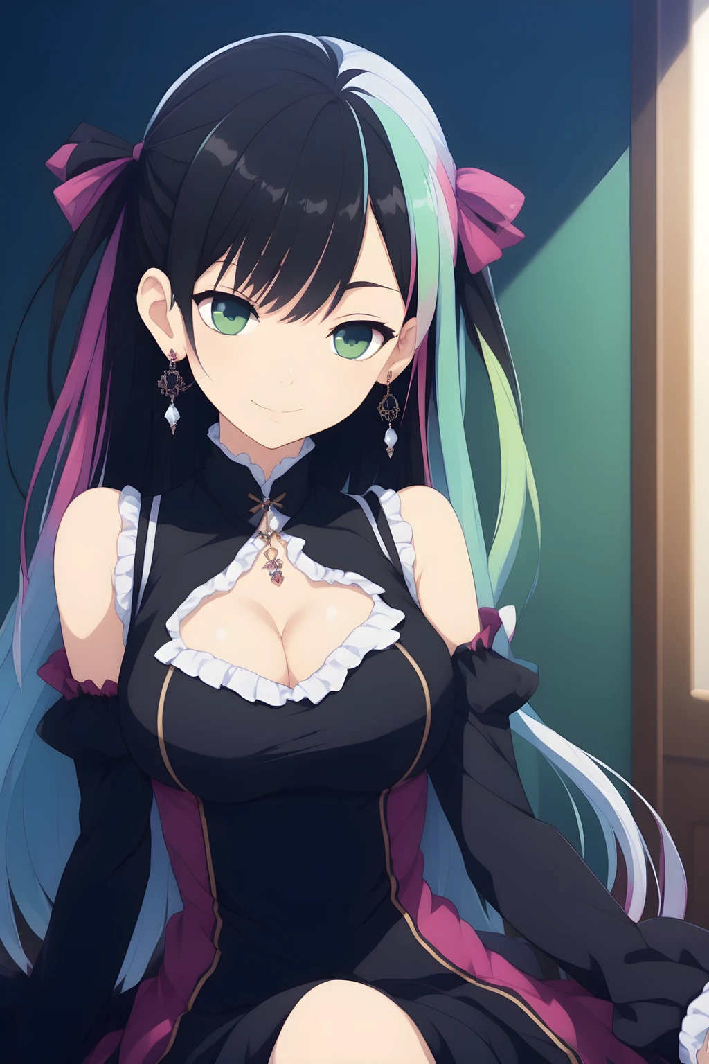 1girl, bare shoulders, black hair, breasts, cleavage, cleavage cutout, closed mouth, clothing cutout, detached sleeves, dress, earrings, frills, green eyes, hair ribbon, jewelry, long hair, looking at viewer, medium breasts, multicolored hair, ribbon, smile, solo