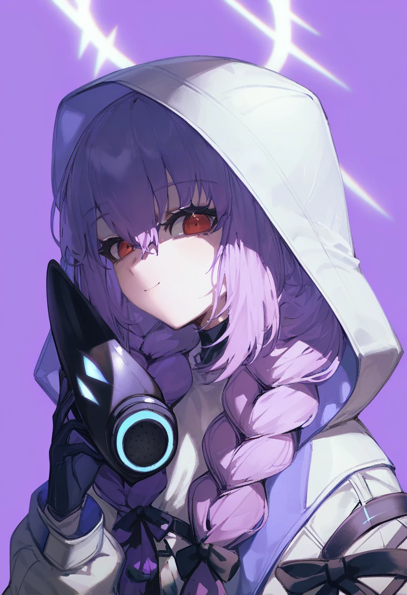 score_9, score_8_up, score_7_up, score_6_up, <lora:QUASARCAKEXL_P6_lokr_V42310:0.95> atsuko \(blue archive\), 1girl, solo, hood, mask, red eyes, gloves, halo, purple hair, braid, looking at viewer, holding mask, twin braids, holding, hood up, jacket, purple background, white jacket, closed mouth, gas mask, hooded jacket, simple background, long hair, unworn mask, smile, upper body, portrait, black gloves, hair bow, low twin braids, hair between eyes, long sleeves, bow