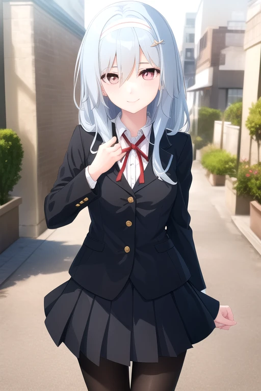 ((masterpiece)),(best quality),official art,extremely delicate and beautiful,extremely detailed CG,unity 8k wallpaper,ultra detailed,beautiful detailed eyes,extremely detailed face,outdoors,1girl,solo,cowboy shot,looking at viewer,facing viewer,smile,(petite:1.2),Karakuchi Hibana,long hair,light blue hair,hair ornament,white hairband,hair intakes,sidelocks,hair between eyes,red eyes,school uniform,black jacket,blazer,neck ribbon,red ribbon,white shirt,collared shirt,dress shirt,buttons,medium breasts,long sleeves,large breasts,miniskirt,black skirt,pleated skirt,frilled skirt,black pantyhose,loafers,<lora:Karakuchi Hibana(kahd)>,