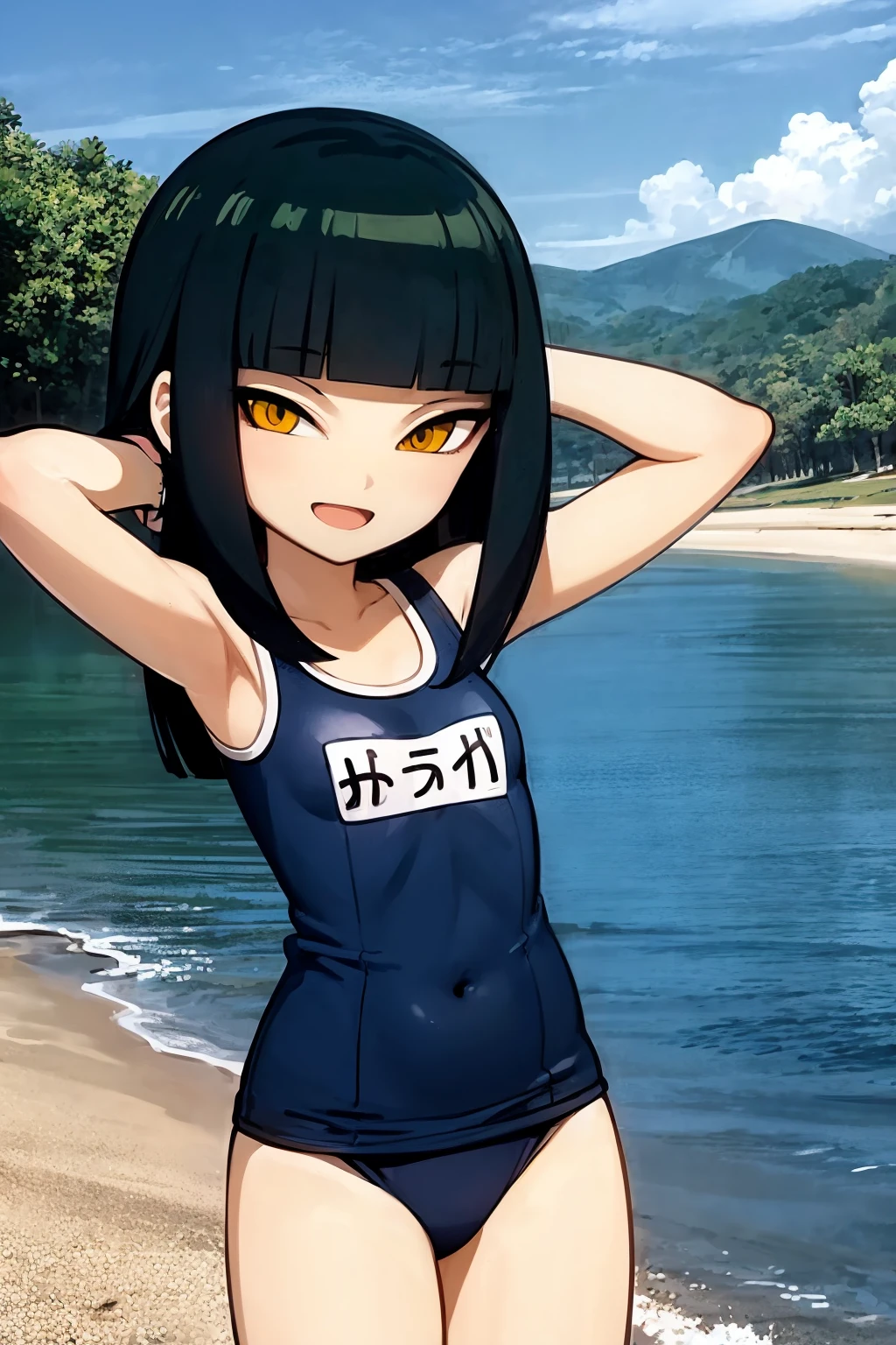 Woman, Athletic and toned body, light skin tone, long black hair tied in a ponytail, green eyes with a penetrating and seductive look, breasts big, exciting look, Beachwear, blushed face, haikyuu, ((single image)), In the background there is a sand volleyball court, It's night, Starry sky, both hands on the thigh, body slightly curved forward