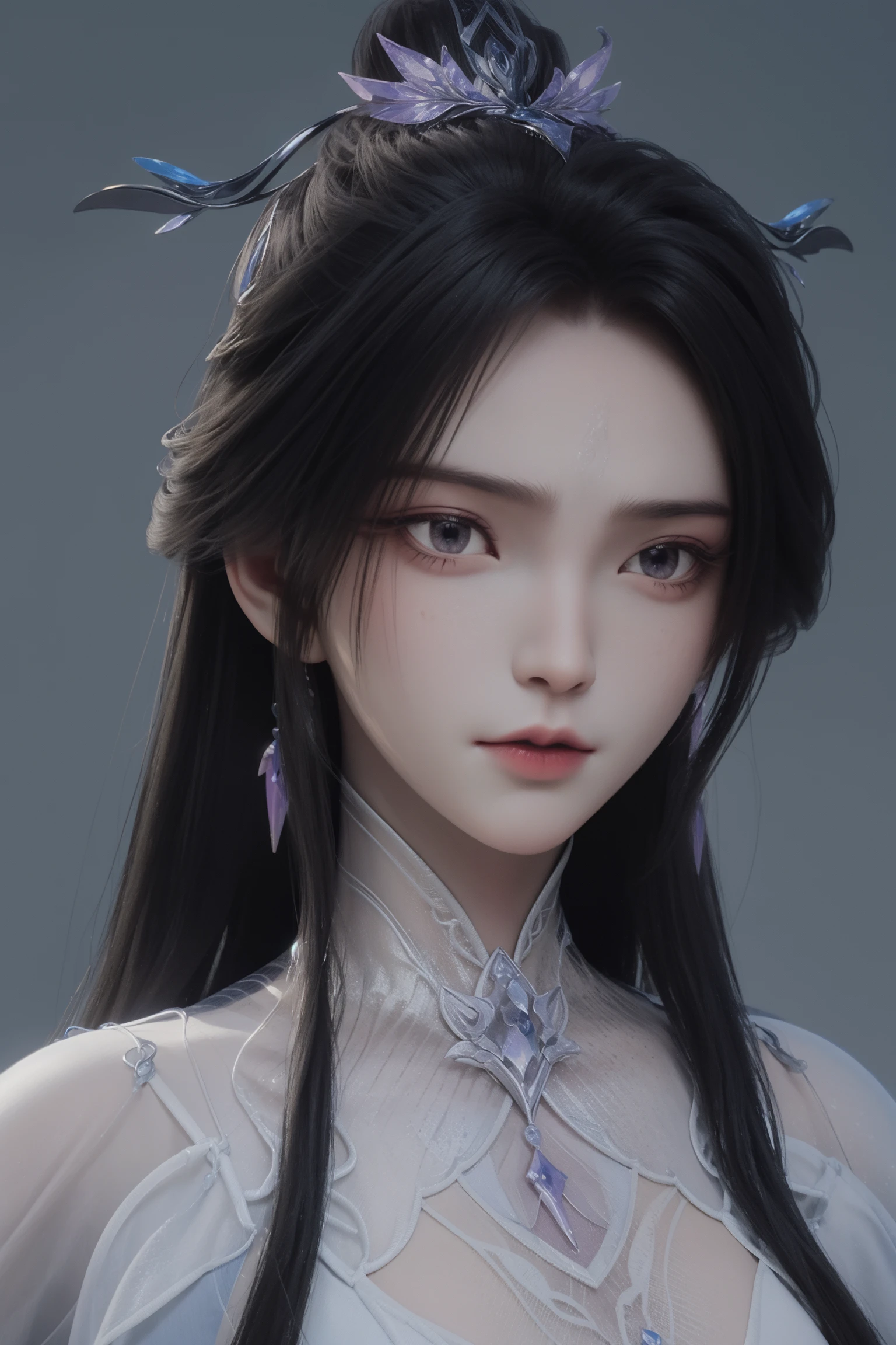 <lora:luxueqiCN:1>,luxueqi,
1girl,solo,jewelry,hair ornament,crystal earrings,earrings,long hair,black hair,forehead mark,upper body,crystal,crystal hair ornament,alpha transparency,see-through,hair bun,dress,grey background,white dress,facial mark,simple background,realistic,expressionless,single hair bun,closed mouth,, best quality , masterpiece, illustration, an extremely delicate and beautiful, extremely detailed ,CG,unity,8k wallpaper, Amazing, finely detail, masterpiece, best quality,official art,extremely detailed CG unity 8k wallpaper,absurdres, incredibly absurdres, huge filesize , ultra-detailed, highres, extremely detailed,beautiful detailed girl, extremely detailed eyes and face, beautiful detailed eyes,light on face,