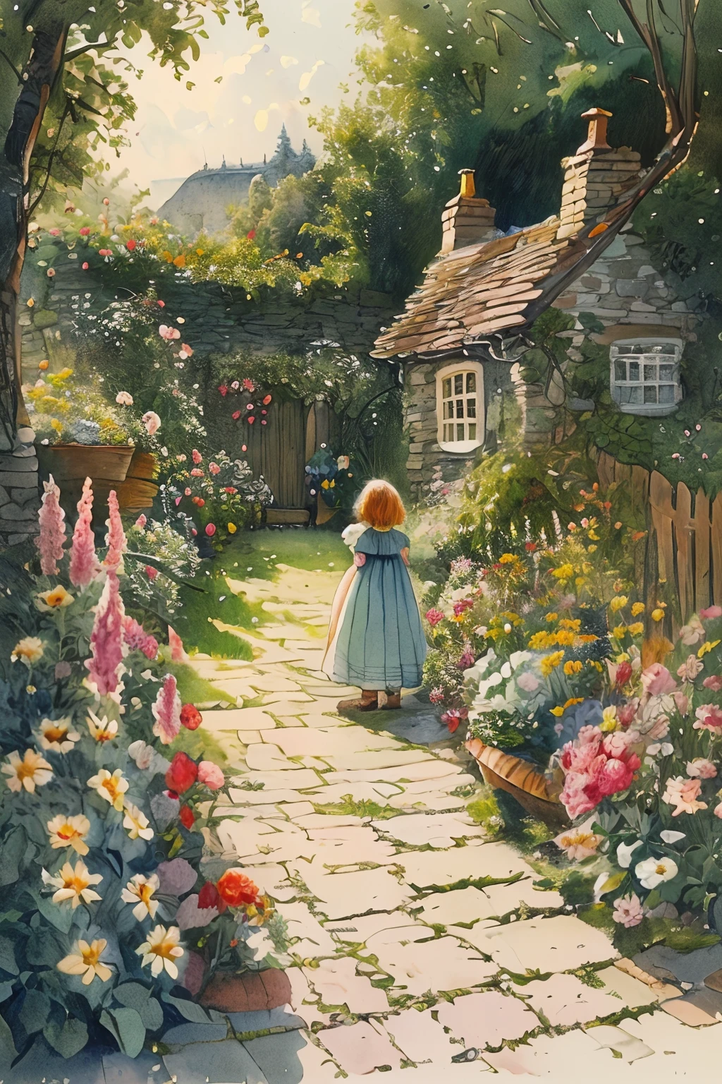 masterpiece,best quality,<lora:tbh131-:0.8>,garden,illustration,painting,style of E. H. Shepard,